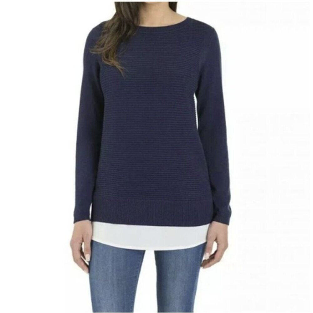Hilary Radley New Ladies' 2-fer Long Sleeve Knit Pullover Navy White Sweater